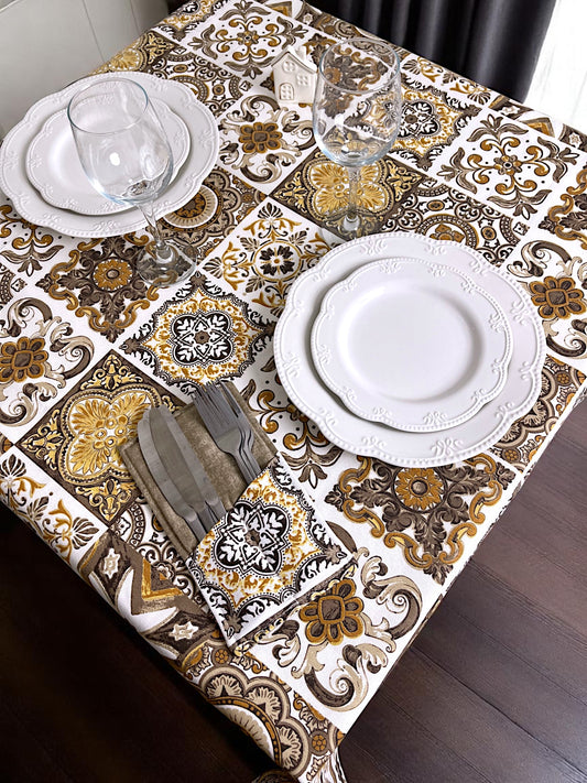 Teflonový bavlněný ubrus se vzorem – Hnědá mozaika