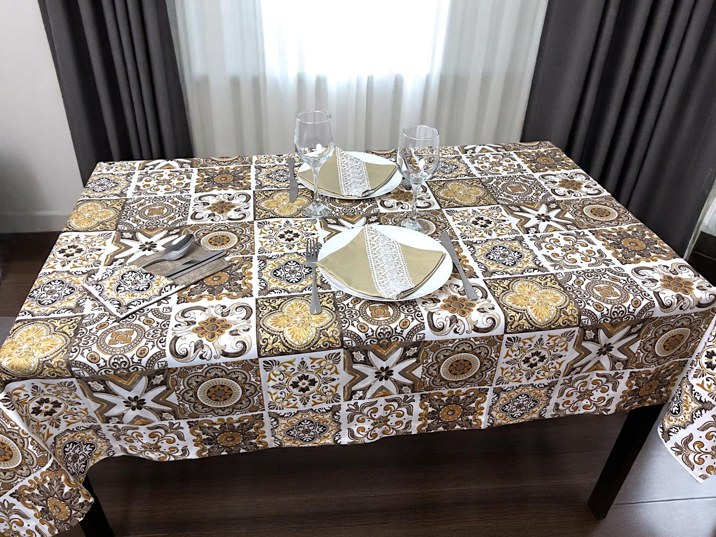Teflon cotton tablecloth with pattern – Brown mosaic