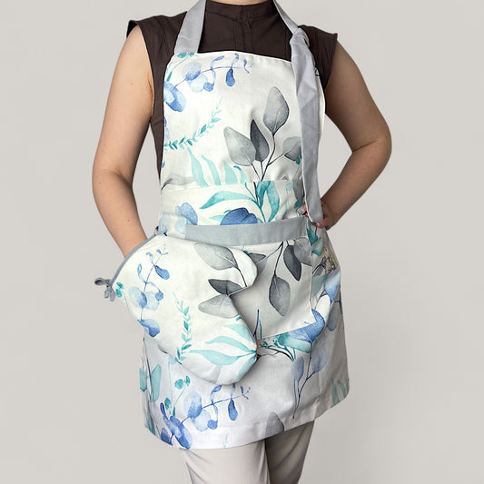 Kuchyňská sada Modré listy – minimalistický květinový motiv, vodoodpudivá bavlna, 4dílná dárková sada