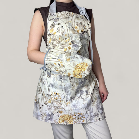 Kuchyňská sada Botanická zahrada – přírodní květinový motiv, vodoodpudivá bavlna, 4dílná dárková sada