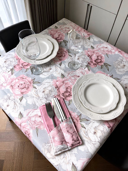 Teflon cotton tablecloth with pattern – Pink peonies