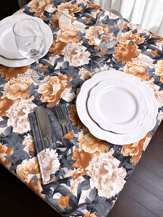 Teflon cotton tablecloth with pattern – Golden peonies