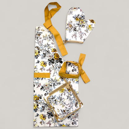 Kitchen set Yellow Rose Harmony - floral motif, water-repellent cotton, 4-piece gift set 