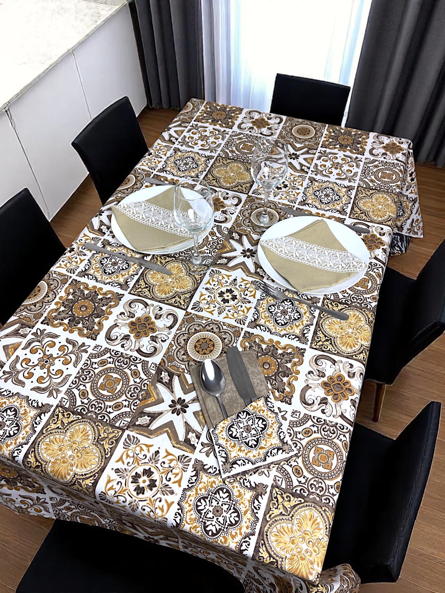 Teflon cotton tablecloth with pattern – Brown mosaic