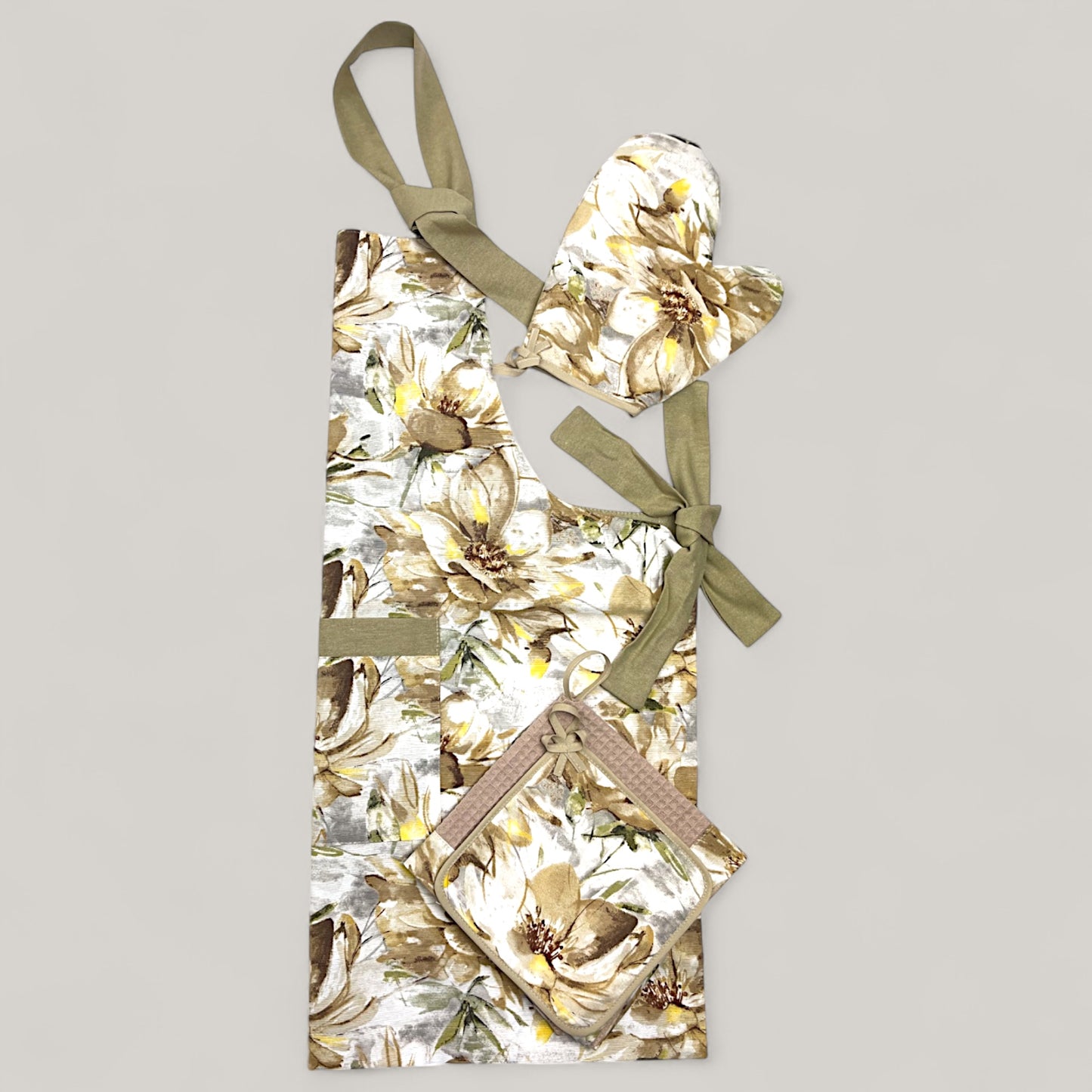 Kitchen set Beige Flower - neutral floral motif, water-repellent cotton, 4-piece gift set