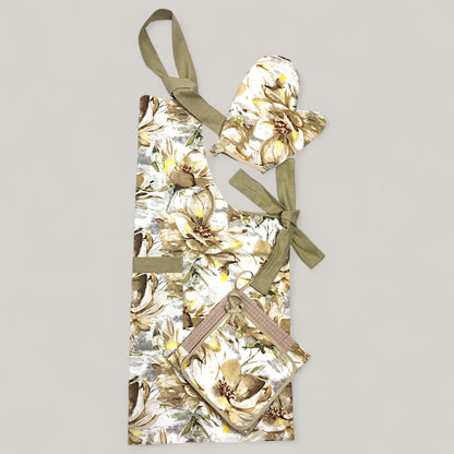 Kitchen set Beige Flower - neutral floral motif, water-repellent cotton, 4-piece gift set