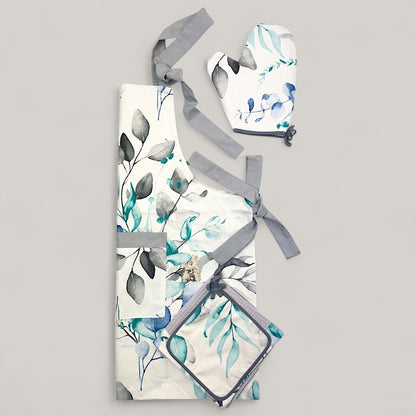 Blue Leaves Kitchen Set – Minimalist Floral Motif, Water-Repellent Cotton, 4-Piece Gift Set