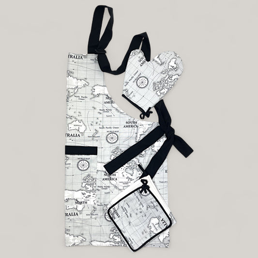 Kitchen set with map print - travel gift made of cotton for men, water-repellent 4-piece set