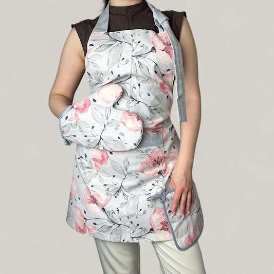 Kuchyňská sada Floral Elegance – romantický bavlněný design, vodoodpudivý, 4dílná dárková sada