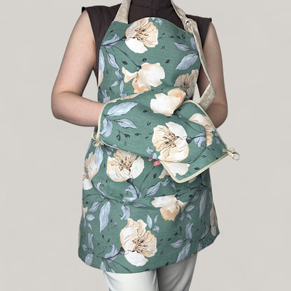 Kitchen set Green floral motif - natural inspiration, water-repellent cotton, 4-piece gift set 