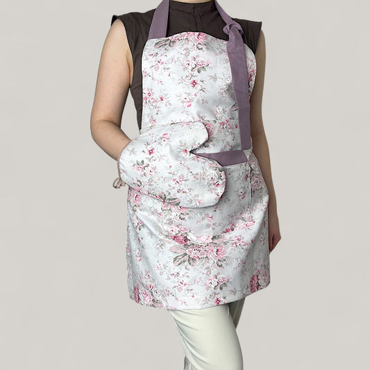Roses of Provence kitchen set - rustic French floral motif, water-repellent cotton, 4-piece gift set 