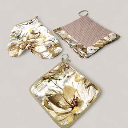 Kitchen set Beige Flower - neutral floral motif, water-repellent cotton, 4-piece gift set