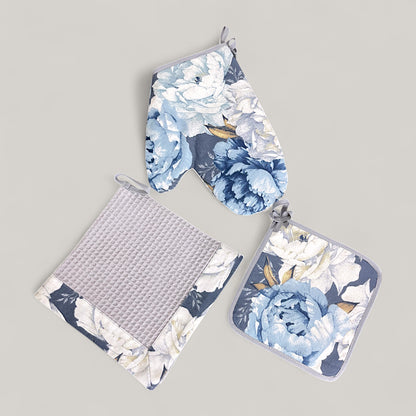 Blue and White Peonies Kitchen Set – classic floral motif, water-repellent cotton, 4-piece gift set