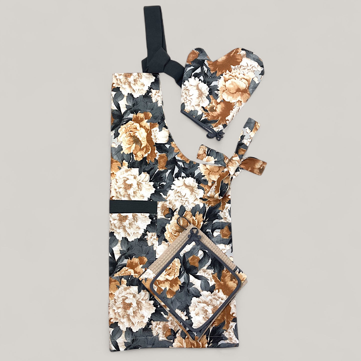 Golden Peonies kitchen set - floral motif, water-repellent cotton, 4-piece gift set 