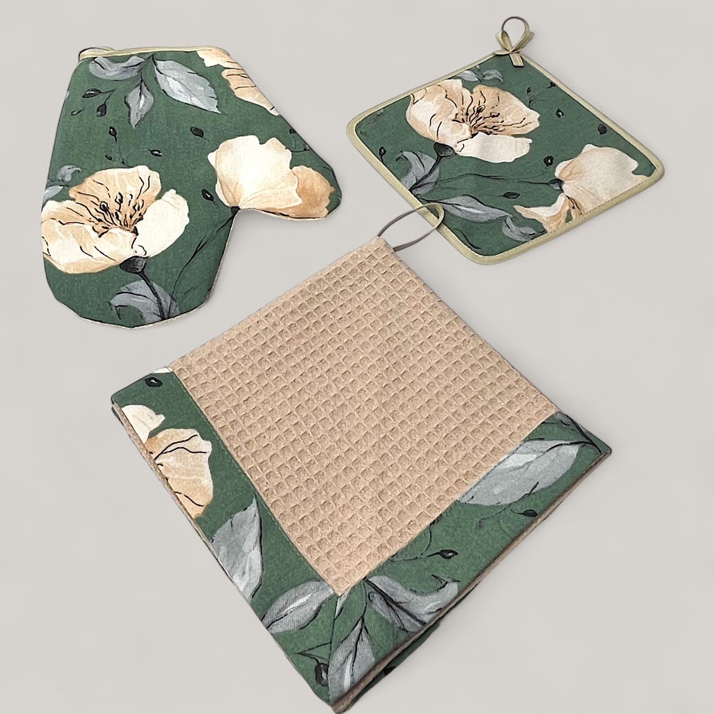 Kitchen set Green floral motif - natural inspiration, water-repellent cotton, 4-piece gift set 