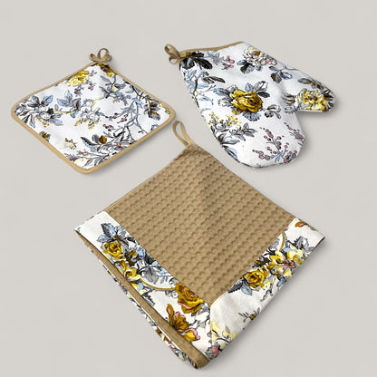Kitchen set Yellow Rose Harmony - floral motif, water-repellent cotton, 4-piece gift set 