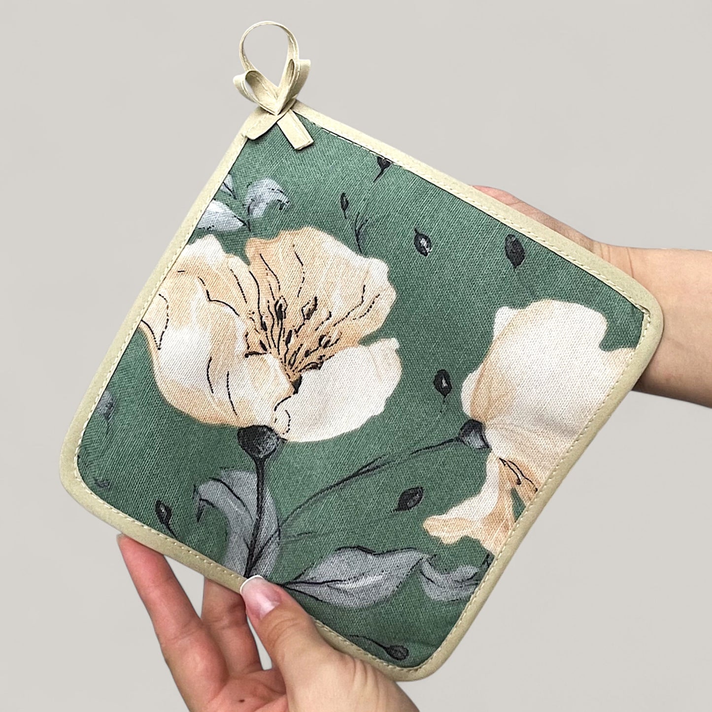 Kitchen set Green floral motif - natural inspiration, water-repellent cotton, 4-piece gift set 
