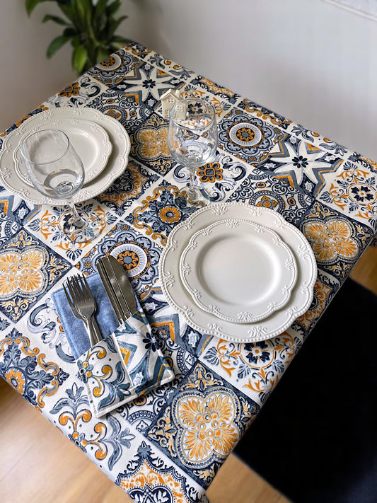 Teflon cotton tablecloth with pattern – Blue mosaic