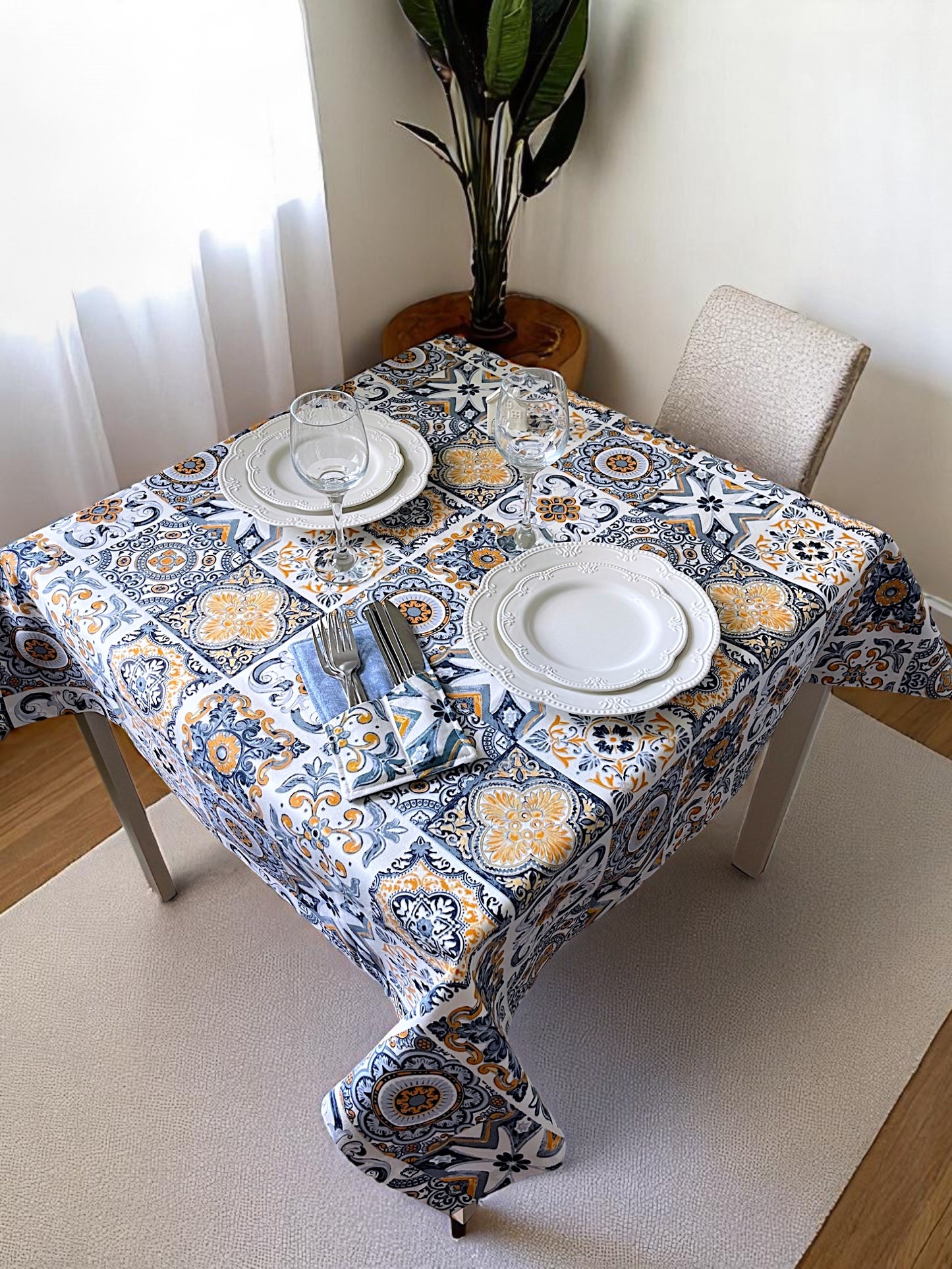 Teflon cotton tablecloth with pattern – Blue mosaic