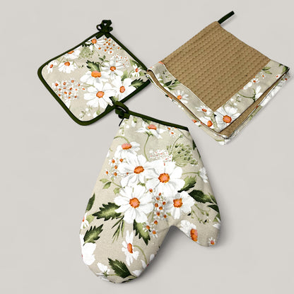 White Daisies Kitchen Set – Fresh Floral Motif, Water-Repellent Cotton, 4-Piece Gift Set